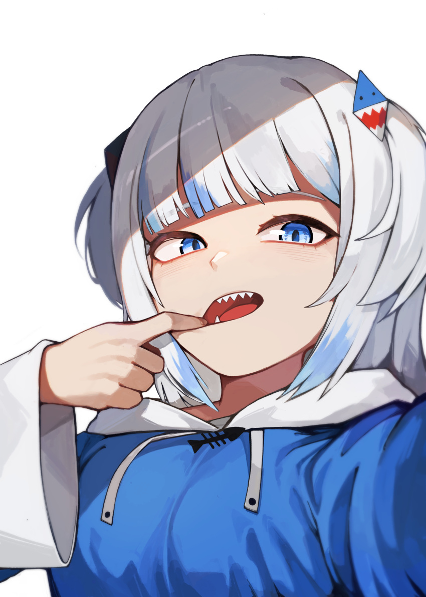 1girl absurdres animal_hood blue_eyes blue_hair blue_hood blunt_bangs commentary gawr_gura gawr_gura_(1st_costume) grey_hair hair_ornament highres hololive hololive_english hood iver_(reviolet) looking_at_viewer medium_hair mouth_pull multicolored_hair open_mouth shark_girl shark_hair_ornament shark_hood sharp_teeth sidelocks solo streaked_hair teeth two_side_up virtual_youtuber white_background