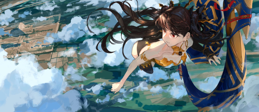 1girl armlet ass bare_shoulders bikini black_bikini_bottom black_gloves black_hair black_ribbon black_thighhighs bridal_gauntlets city clouds collarbone earrings fate/grand_order fate_(series) field floating gloves gold_earrings grass hair_ornament hair_ribbon heavenly_boat_maanna highres hoop_earrings ishtar_(fate) jewelry kasumi_yuzuha long_hair looking_to_the_side midair mismatched_bikini neck_ring outdoors parted_lips red_eyes ribbon single_bridal_gauntlet single_thighhigh solo swimsuit thigh-highs tiara two_side_up