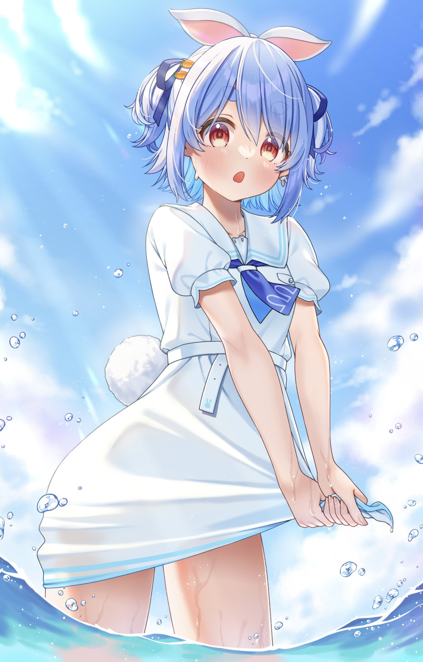 1girl absurdres blue_hair blue_sky clouds dress highres hololive open_mouth red_eyes short_sleeves sky solo sunlight thighs tomozu usada_pekora water wringing_clothes