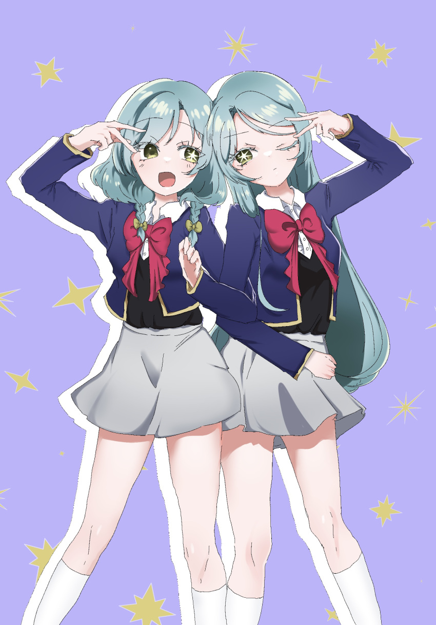 2girls aliasing aqua_hair bang_dream! black_sweater_vest blue_jacket blush bow bowtie braid collared_shirt commentary_request cropped_jacket dress_shirt feelily feet_out_of_frame green_eyes grey_skirt hand_up highres hikawa_hina hikawa_sayo jacket kneehighs locked_arms long_hair long_sleeves looking_at_viewer mismatched_pupils multiple_girls one_eye_closed open_clothes open_jacket open_mouth oshi_no_ko outline partial_commentary pink_bow pink_bowtie school_uniform shirt siblings sidelocks sisters skirt socks sparkle star-shaped_pupils star_(symbol) sweater_vest symbol-shaped_pupils twin_braids twins v very_long_hair white_outline white_shirt white_socks youtou_high_school_uniform