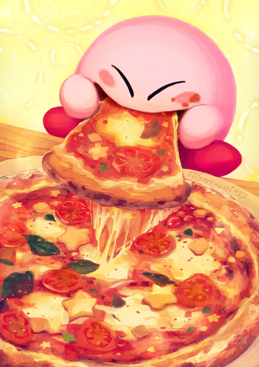 1boy blush cheese_trail closed_eyes eating food food_focus food_on_face highres kirby kirby_(series) leaf male_focus no_humans pizza simple_background solo star_(symbol) suyasuyabi tomato tomato_slice twitter_username yellow_background