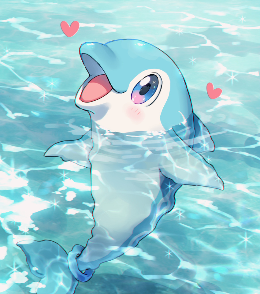 blue_eyes caustics commentary_request finizen heart highres kaminokefusa looking_at_viewer multicolored_eyes no_humans open_mouth partially_submerged pokemon pokemon_(creature) smile solo sparkle tongue violet_eyes water