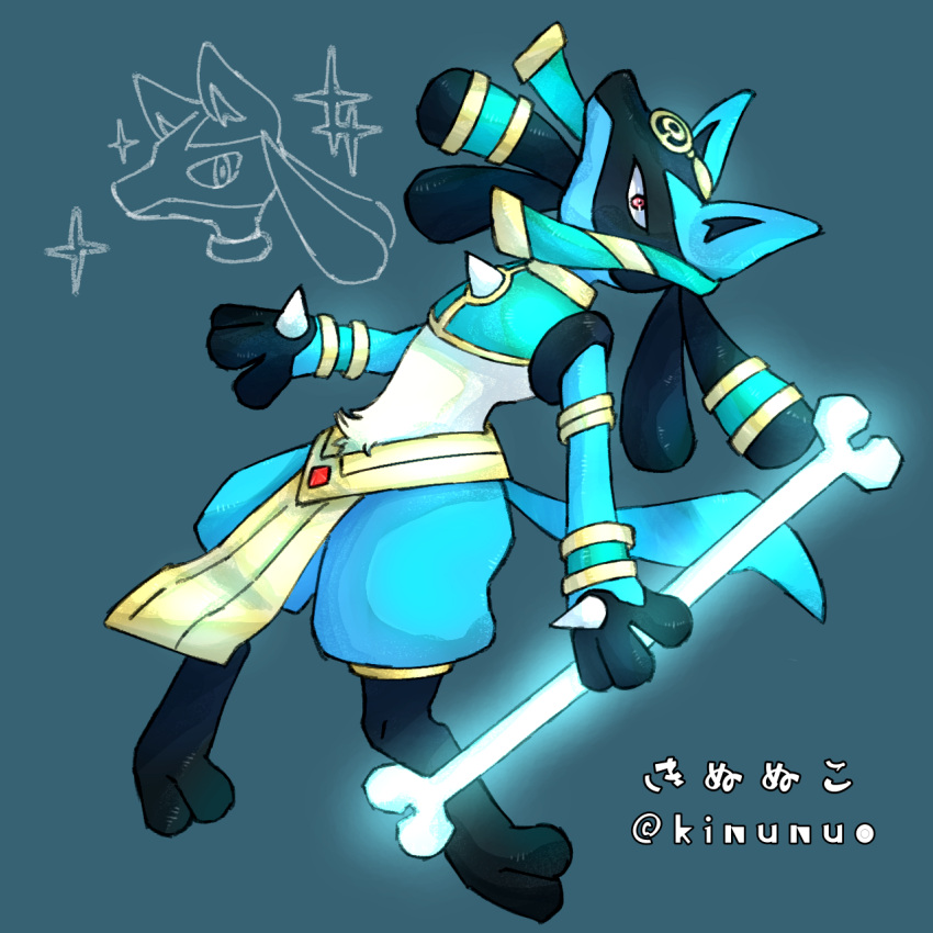 1boy animal_ears animal_feet animal_hands armlet artist_name black_fur blue_background blue_fur blue_theme body_fur bone bracelet clothed_pokemon commentary_request crop_top egyptian_clothes full_body furry furry_male glowing green_shirt head_back highres holding holding_bone jewelry kinunuko looking_at_viewer lucario lucario_(ruins) male_focus multicolored_fur multiple_views partial_commentary partially_colored pelvic_curtain pokemon pokemon_(creature) pokemon_(game) pokemon_unite red_eyes shirt simple_background sleeveless sleeveless_shirt snout sparkle spikes tail twitter_username watermark white_fur wolf_boy wolf_ears wolf_tail