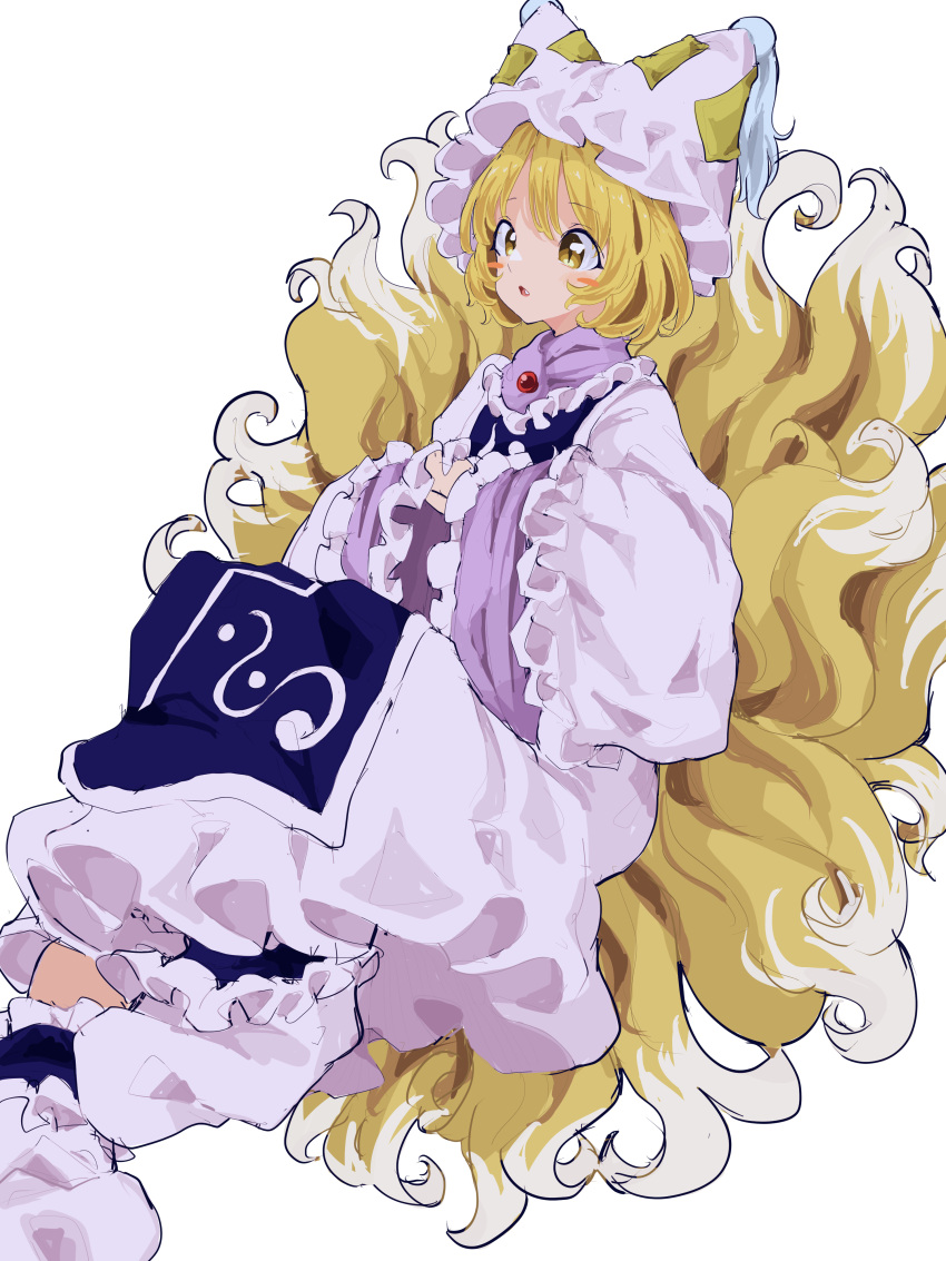 1girl :o absurdres animal_ear_headwear blonde_hair blush dress fang fox_tail frilled_dress frilled_socks frills hat highres knees_up looking_ahead mob_cap mugi_(mugimugi_9kv) own_hands_together simple_background socks solo tabard tail touhou white_background white_dress yakumo_ran