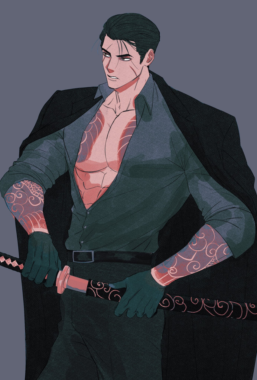1boy abs arm_tattoo belt black_hair black_pants brown_eyes chest_tattoo coat gloves highres holding holding_sword holding_weapon katana limbus_company male_focus meursault_(limbus_company) open_clothes open_shirt pants project_moon sate_lc scar solo sword tattoo weapon