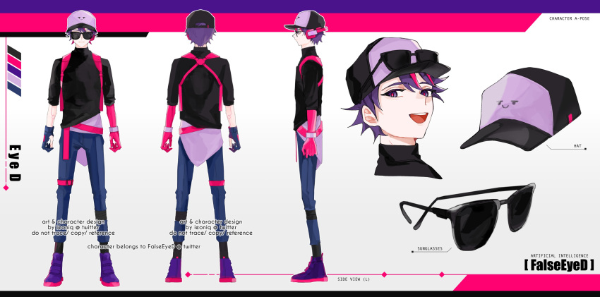 1boy absurdres baseball_cap black_shirt blue_gloves blue_pants character_name color_guide earpiece eon_/_ieon eyewear_on_head falseeyed from_behind from_side glasses gloves hat highres multicolored_hair open_mouth pants partially_fingerless_gloves pink_hair pink_pupils purple_footwear purple_hair reference_sheet second-party_source shirt shoes short_hair single_glove smiley_face streaked_hair sunglasses things_vtubers_say twitter_username two-tone_footwear violet_eyes