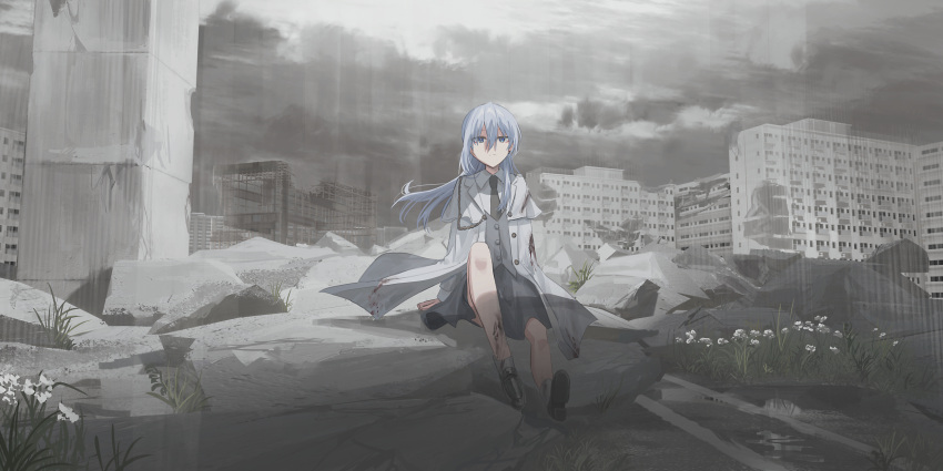 1girl black_footwear black_necktie blue_eyes blue_hair building chihuri clouds cloudy_sky collared_shirt commentary_request ende_(chihuri) floating_hair grey_skirt grey_socks grey_vest hair_between_eyes highres jacket knee_up loafers long_hair necktie open_clothes open_jacket original outdoors overcast ruins shirt shoe_soles shoes sitting skirt sky socks solo very_long_hair vest white_jacket white_shirt