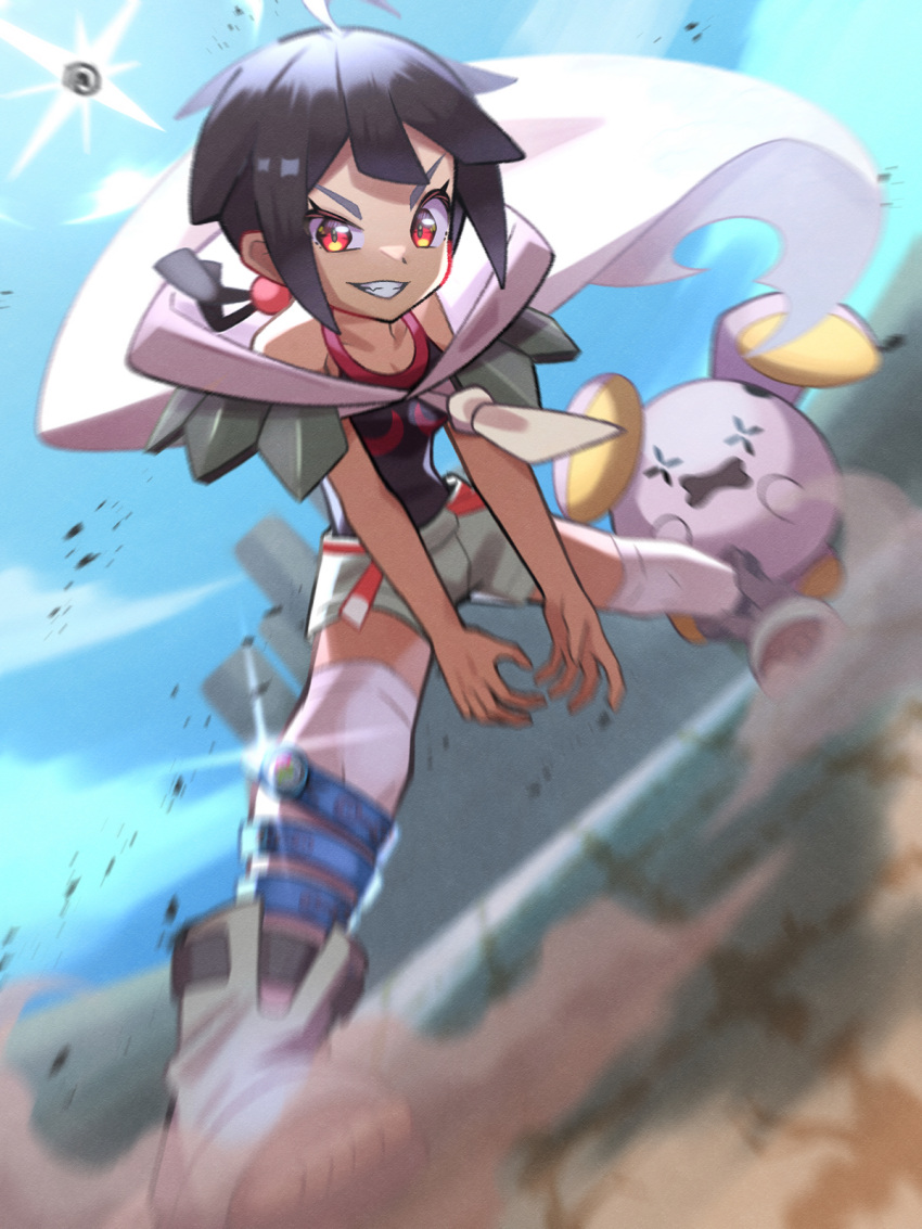 1girl anklet belt black_hair black_shirt blurry boots cloak clouds commentary_request day eyelashes from_below grey_footwear grey_shorts grey_thighhighs grin highres inana_umi jewelry legs_apart outdoors over-kneehighs pokemon pokemon_(creature) pokemon_(game) pokemon_oras red_belt red_eyes rope_belt shirt short_shorts shorts sky smile squatting teeth thigh-highs toeless_footwear whismur zinnia_(pokemon)