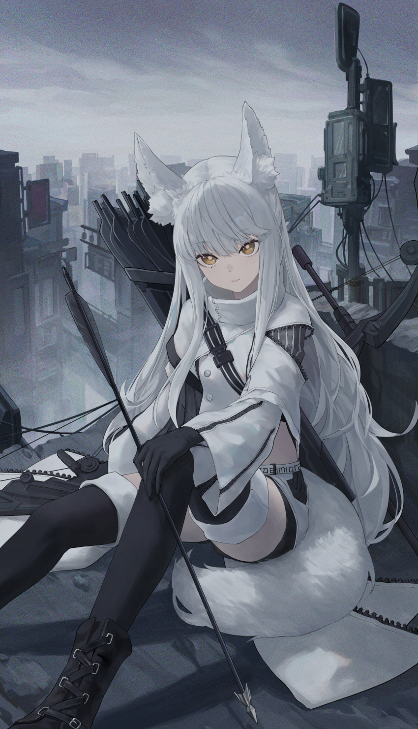 1girl animal_ear_fluff animal_ears arknights arrow_(projectile) black_footwear black_gloves black_shorts black_thighhighs boots bow_(weapon) breasts city closed_mouth coat commentary compound_bow feet_out_of_frame gloves grey_sky hand_on_own_knee highres holding holding_arrow horse_ears horse_girl horse_tail kiek_qaq light_smile long_hair looking_at_viewer midriff outdoors platinum_(arknights) quiver short_shorts shorts sidelocks sitting sky small_breasts solo tail thigh-highs turtleneck very_long_hair weapon white_coat white_hair white_shorts yellow_eyes zipper