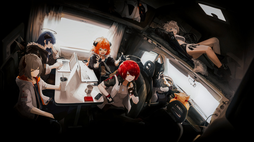 &gt;_&lt; 2boys 6+girls absurdres apple_pie arknights bird bison_(arknights) blue_eyes blue_hair brown_hair car_interior cellphone closed_eyes coffee_cup commentary croissant_(arknights) cup disposable_cup dog_tags drinking_straw driving eating english_commentary exusiai_(arknights) fang fingerless_gloves food fur-trimmed_jacket fur_trim gloves halo hand_on_own_chin head_rest highres holding holding_food horns jacket lappland_(arknights) light_smile lying mostima_(arknights) multiple_boys multiple_girls notebook on_back open_clothes open_jacket orange_hair oripathy_lesion_(arknights) penguin penguin_logistics_(arknights) phone pie rear-view_mirror redhead runamonet short_hair sitting smartphone sora_(arknights) texas_(arknights) the_emperor_(arknights) white_hair