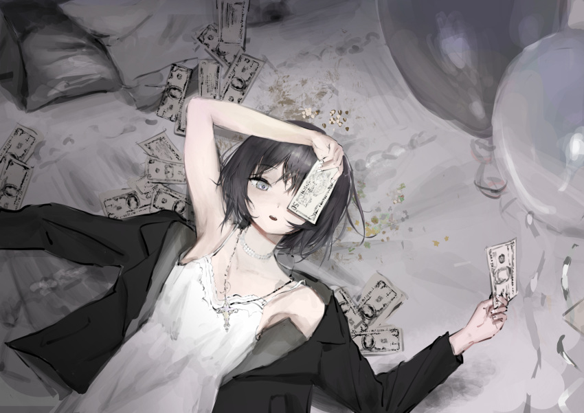1girl balloon banknote benikusochan black_jacket covering_one_eye dress grey_eyes highres holding holding_money jacket looking_at_viewer lying money muted_color on_back original pillow solo upper_body white_dress