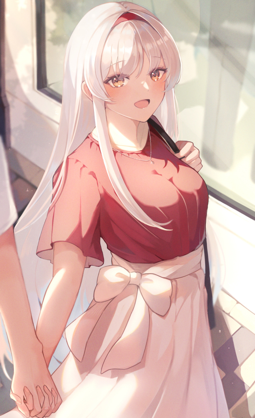 1boy 1girl bag blush brown_eyes commentary_request fingernails hairband highres jewelry kantai_collection long_hair necklace open_mouth ranran_3939 red_hairband red_shirt shirt short_sleeves shoukaku_(kancolle) shoulder_bag skirt smile solo_focus white_hair white_skirt
