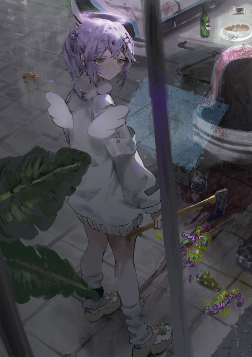 1girl absurdres angel_wings axe benikusochan blush bottle expressionless from_behind glowing halo highres holding holding_axe jacket leaf looking_at_viewer looking_back medium_hair muted_color original plant purple_hair shoes solo tile_floor tiles white_jacket wings