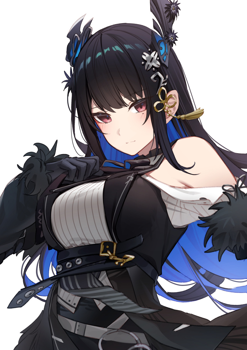 1girl absurdres armpit_crease black_hair blue_hair breasts colored_inner_hair erezu fur_trim highres hololive hololive_english large_breasts long_hair looking_at_viewer multicolored_hair nerissa_ravencroft simple_background solo upper_body violet_eyes virtual_youtuber white_background
