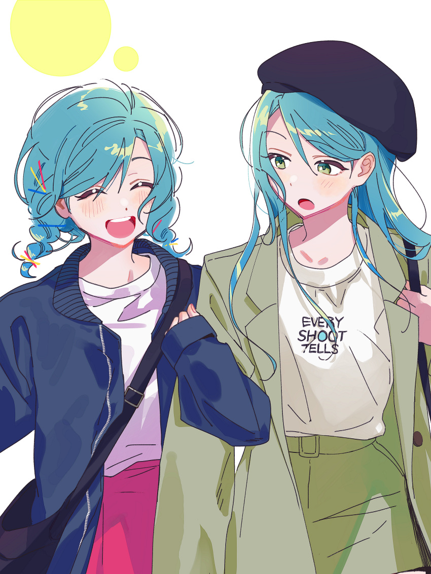 2girls ^_^ absurdres aqua_hair bag bang_dream! beret blue_headwear blue_jacket blush braid closed_eyes coat collarbone commentary cowboy_shot english_text green_coat green_eyes green_skirt hair_behind_ear hair_between_eyes hair_ornament hairclip hat highres hikawa_hina hikawa_sayo jacket locked_arms long_hair long_sleeves looking_at_another medium_hair multiple_girls open_clothes open_coat open_jacket open_mouth shirt shoulder_bag siblings simple_background single_sidelock sisters skirt teeth twin_braids twins upper_teeth_only white_background white_shirt zihacheol