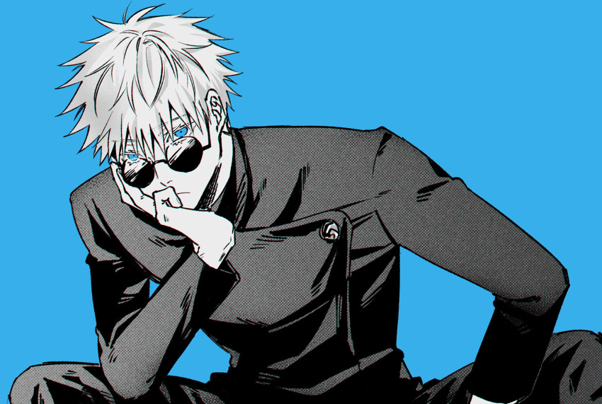 1boy blue_background blue_eyes buttons closed_mouth commentary_request fushirun_rung gojou_satoru hand_on_own_face high_collar highres jacket jujutsu_kaisen long_sleeves male_focus pants school_uniform short_hair simple_background solo sunglasses