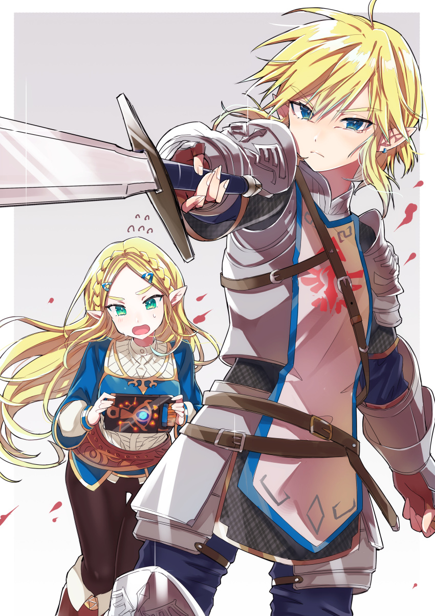 1boy 1girl absurdres ahoge arm_armor arm_up armor belt black_shirt blonde_hair blue_eyes blue_pants blue_tunic boots border braid brown_belt brown_footwear brown_pants buttons closed_mouth earrings fingernails green_eyes grey_armor grey_background hair_between_eyes hair_ornament hairpin hands_up highres holding holding_sword holding_weapon hylian_crest jewelry leg_armor link long_fingernails long_hair long_sleeves looking_at_viewer open_mouth outside_border pants pointy_ears princess_zelda puffy_long_sleeves puffy_sleeves sakamoto0214 shirt short_hair sidelocks simple_background soldier's_set_(zelda) sparkle standing sweat sweatdrop sword the_legend_of_zelda the_legend_of_zelda:_breath_of_the_wild tongue tunic v-shaped_eyebrows weapon white_border white_shirt wide_sleeves