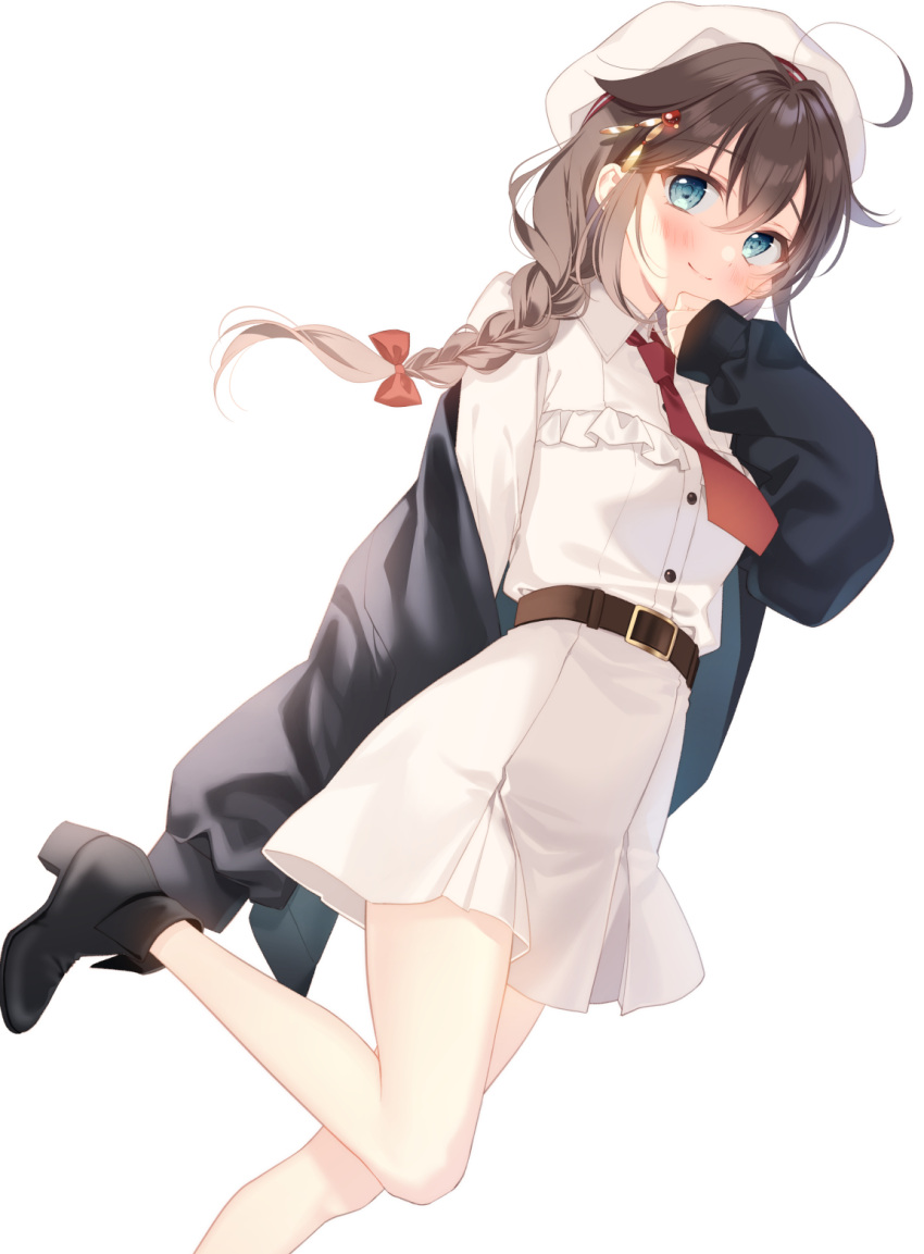 1girl ahoge belt black_footwear blue_eyes boots braid brown_belt brown_hair buttons closed_mouth collared_dress dress foot_out_of_frame hair_between_eyes hair_flaps hat highres kantai_collection long_hair naoto_(tulip) necktie red_necktie shigure_(kancolle) shigure_kai_san_(kancolle) simple_background single_braid sleeves_past_wrists smile solo white_background white_dress white_headwear