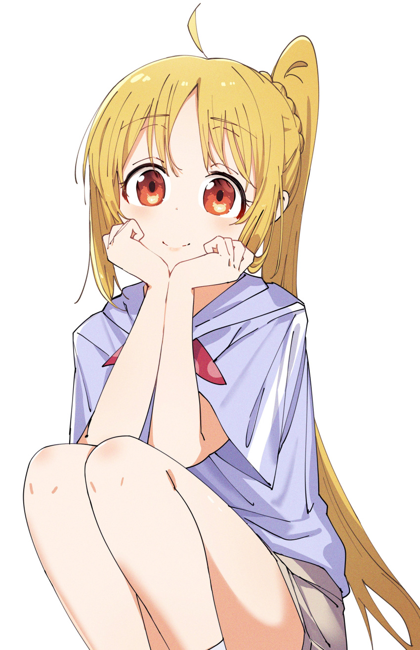 1girl absurdres ahoge blonde_hair bocchi_the_rock! brown_skirt closed_mouth feet_out_of_frame highres ijichi_nijika long_hair looking_at_viewer one_side_up purple_shirt red_eyes shirt short_sleeves simple_background skirt smile socks solo white_background white_socks yoru_kiri