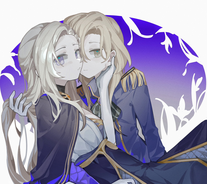 2girls blonde_hair blue_background blue_capelet blue_jacket blue_skirt border capelet closed_mouth epaulettes gloves gradient_background gwyneth_(volcano_princess) hand_on_another's_chin haobuguniao highres jacket long_hair long_sleeves looking_at_viewer medium_hair multiple_girls purple_background rose_(volcano_princess) shirt skirt violet_eyes volcano_princess white_border white_gloves white_shirt yellow_eyes yuri