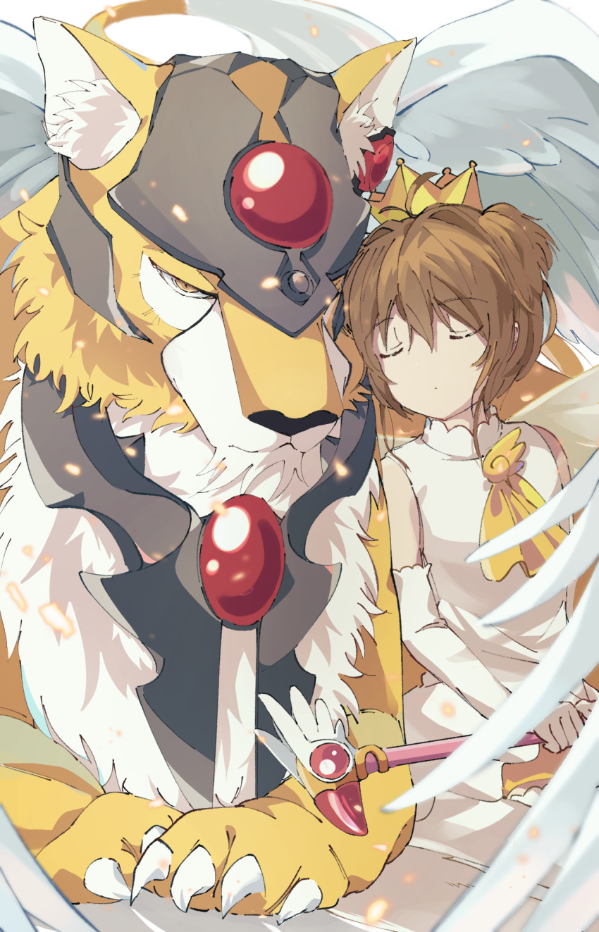 1girl brown_hair cardcaptor_sakura claws closed_eyes crown female_child hair_between_eyes hhm6965 highres holding holding_wand kerberos kinomoto_sakura magical_girl size_difference wand wings yellow_eyes