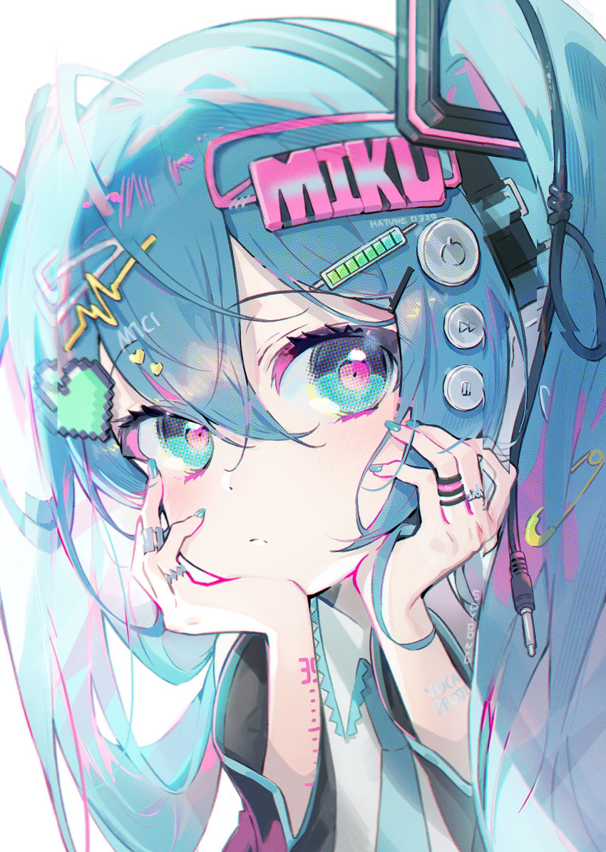 1girl black_jacket blue_eyes blue_hair blue_nails bored fast_forward_button hair_ornament hatsune_miku heart highres jacket long_hair looking_at_viewer pause_button solo soyoong_jun vocaloid white_background wire