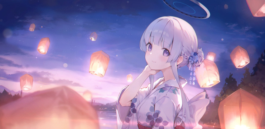 1girl alternate_costume alternate_hairstyle blue_archive blurry bokeh closed_mouth clouds commentary_request depth_of_field evening from_side hair_bun halo highres japanese_clothes kimono kyaroru lantern looking_at_viewer looking_to_the_side mechanical_halo mountainous_horizon noa_(blue_archive) outdoors paper_lantern sideways_glance single_hair_bun sky smile solo upper_body violet_eyes white_hair white_kimono
