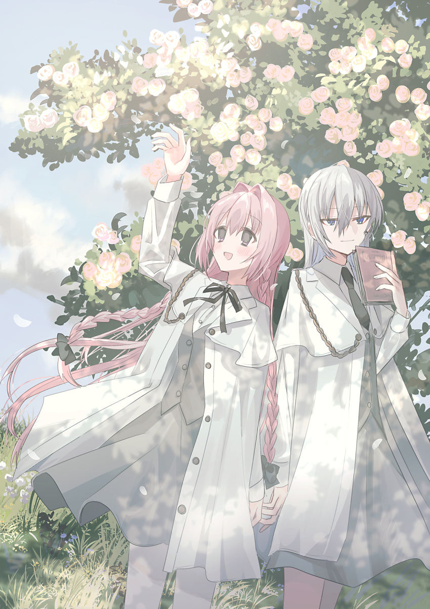 2girls :d arm_up black_bow black_necktie black_ribbon blue_eyes blue_sky blush book bow braid chihuri closed_mouth clouds collared_shirt commentary_request day dress_shirt ende_(chihuri) flower grey_hair grey_skirt grey_vest hair_between_eyes hair_bow hair_intakes hand_up highres holding holding_book jacket long_hair long_sleeves looking_at_viewer multiple_girls nea_(chihuri) neck_ribbon necktie open_book open_clothes open_jacket original outdoors pantyhose pink_hair ribbon rose shirt skirt sky smile standing twin_braids very_long_hair vest violet_eyes white_flower white_jacket white_pantyhose white_rose white_shirt