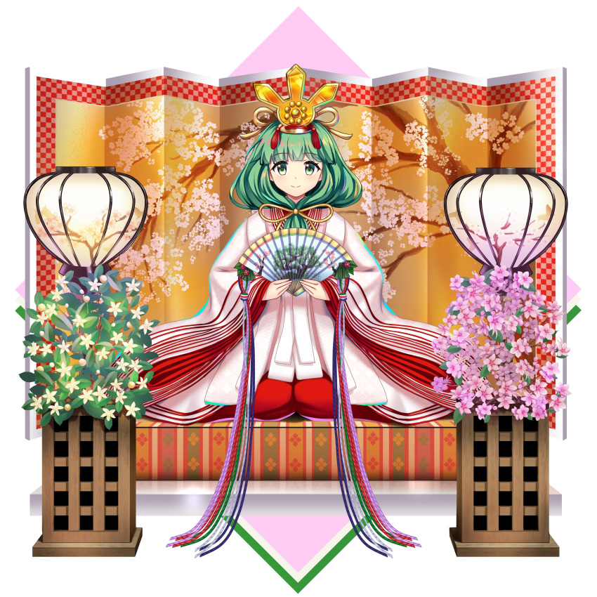 1girl absurdres alternate_costume closed_mouth commentary english_commentary flower front_ponytail full_body game_cg green_eyes green_hair hair_ornament hand_fan highres holding holding_fan kagiyama_hina kagiyama_hina_(white_hina_doll_of_catharsis) lamp long_sleeves looking_at_viewer medium_hair pink_flower rotte_(1109) second-party_source seiza sitting smile solo touhou touhou_lost_word white_flower wide_sleeves