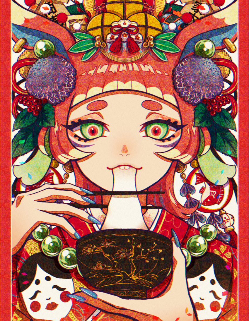 1girl absurdres akari_botan animal_ears blue_nails blunt_bangs bowl chinese_zodiac eating fish green_eyes highres jewelry looking_at_viewer necklace new_year original rabbit_ears red_eyes short_eyebrows solo upper_body year_of_the_rabbit