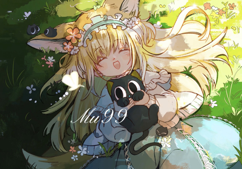 1girl :d animal animal_ears aqua_hairband aqua_skirt arknights artist_name black_cat blonde_hair blush cat closed_eyes cross-laced_clothes cross-laced_skirt cross-laced_slit crossover fox_ears fox_girl fox_tail frilled_hairband frills hair_ornament hairband heart heixiu highres holding holding_animal holding_cat long_sleeves luo_xiaohei luo_xiaohei_zhanji lying mu99er multicolored_hair official_alternate_costume on_back on_grass open_mouth puffy_long_sleeves puffy_sleeves skirt smile suzuran_(arknights) suzuran_(spring_praise)_(arknights) tail two-tone_hair watermark white_hair