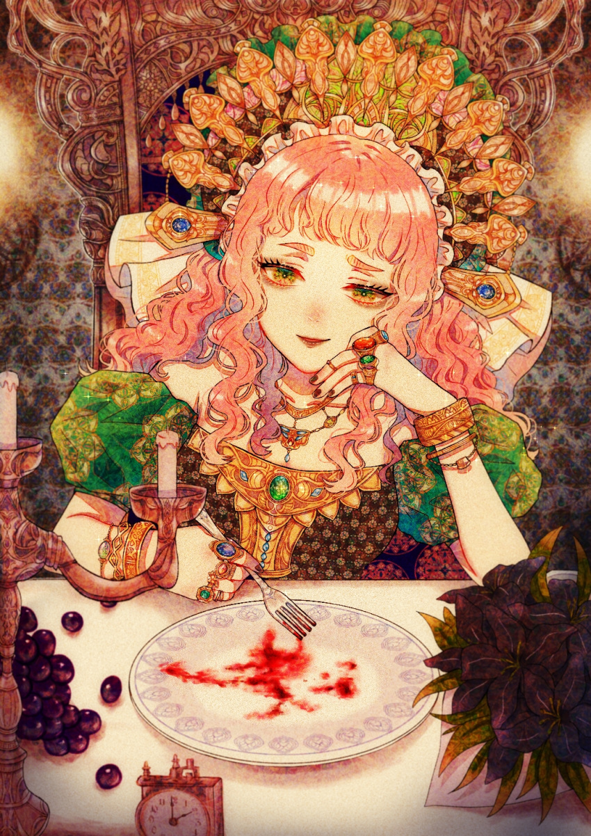 1girl akari_botan black_nails bracelet brown_eyes candle chair clock crown food fork frills fruit grapes highres jewelry leaf long_hair necklace original parted_lips pink_hair plate ring shadow smile solo upper_body