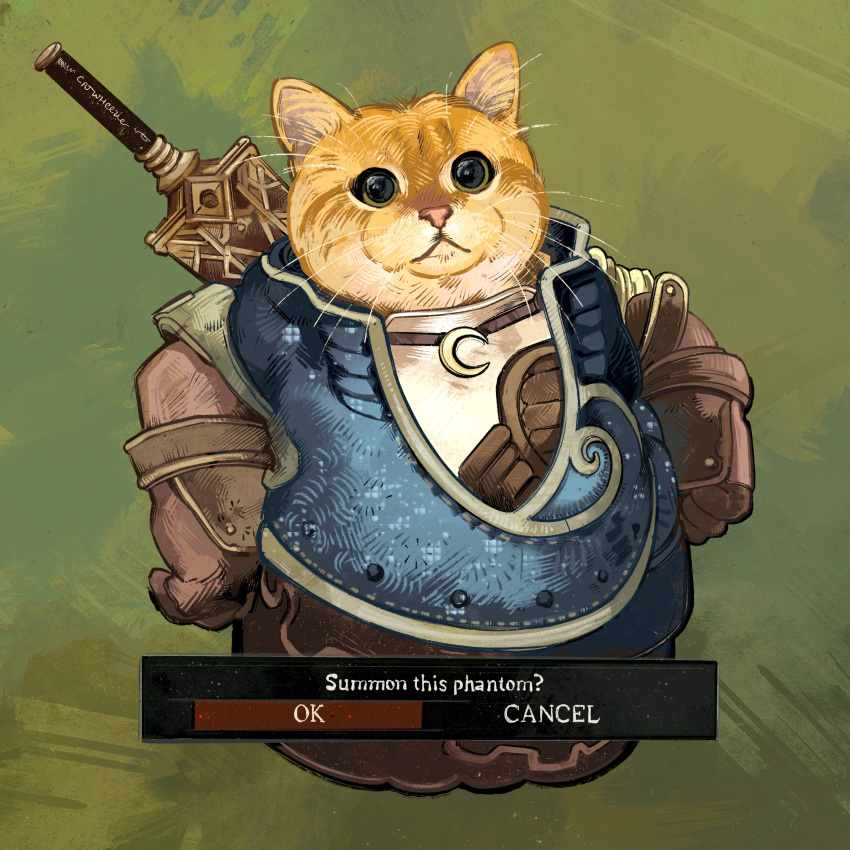 absurdres animal animal_focus cat catwheezie commentary crescent_necklace dark_souls_(series) english_commentary english_text gloves grass green_background highres jewelry necklace no_humans solo standing weapon weapon_on_back