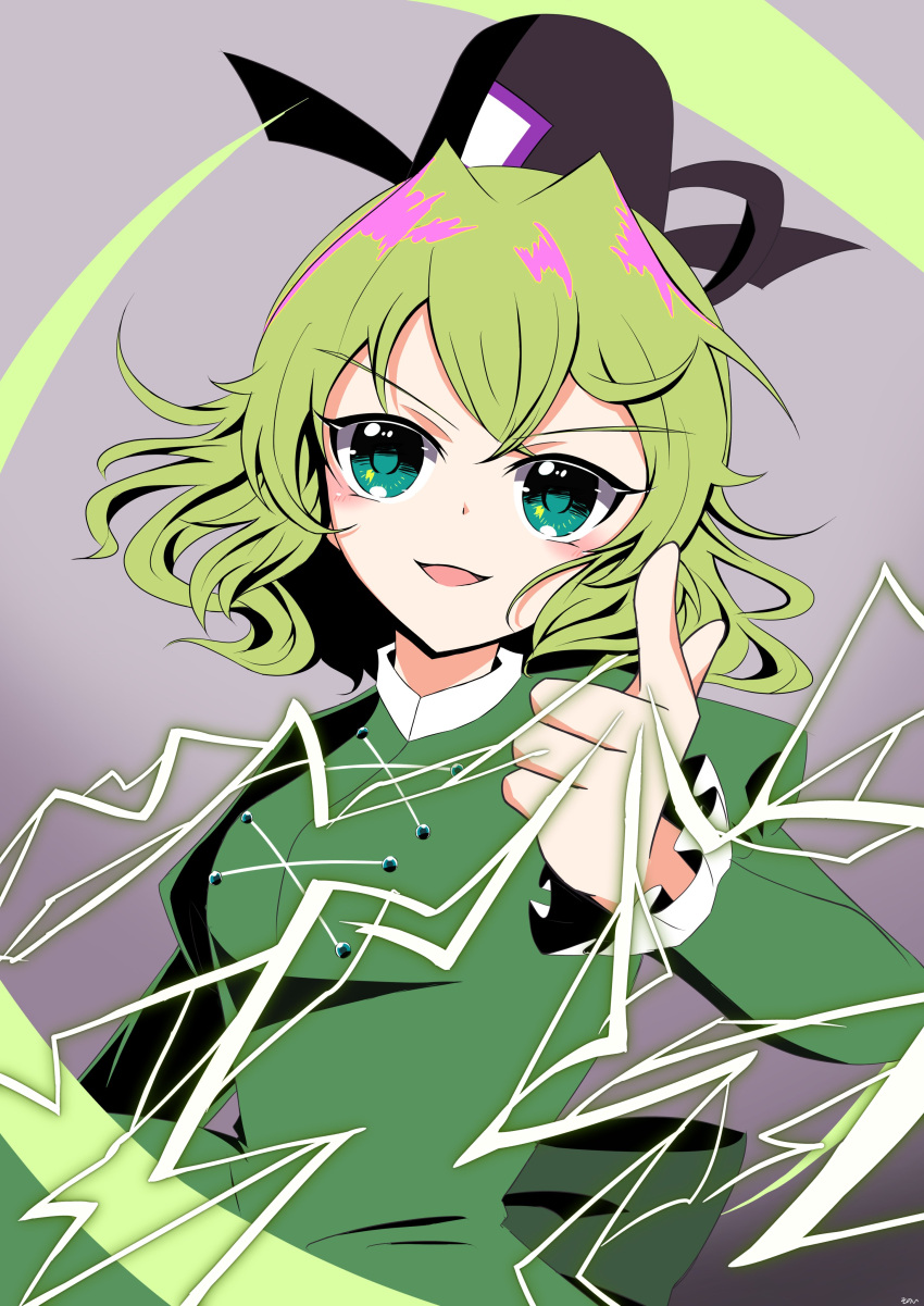 1girl :d absurdres black_headwear commentary_request cross-laced_clothes dress electricity green_dress green_eyes green_hair grey_background hair_intakes hat highres long_sleeves ofuda ofuda_on_clothes open_mouth short_hair smile soga_no_tojiko solo tate_eboshi touhou upper_body v-shaped_eyebrows yuriri2001