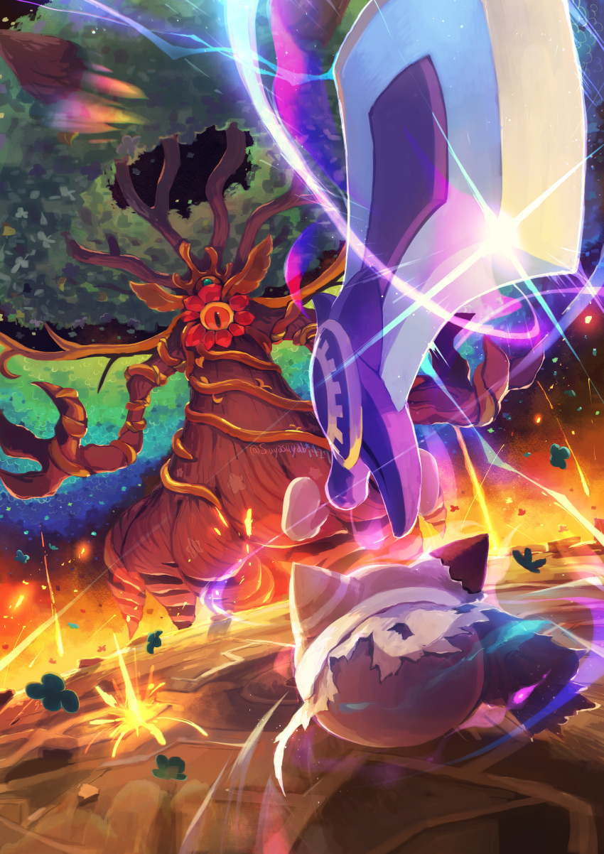 absurdres embers highres holding holding_sword holding_weapon huge_weapon kirby's_return_to_dream_land kirby's_return_to_dream_land_deluxe kirby_(series) leaf magolor magolor_epilogue master_crown master_crown_(tree) no_humans one-eyed sparkle spoilers suyasuyabi sword torn_clothes tree twitter_username weapon yellow_eyes