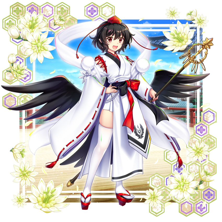 1girl absurdres bird_tail bird_wings black_hair black_wings commentary english_commentary flower full_body game_cg geta hat highres holding holding_staff japanese_clothes kimono kourindou_tengu_costume looking_at_viewer official_alternate_costume open_mouth pom_pom_(clothes) red_footwear red_headwear rotte_(1109) sash second-party_source shameimaru_aya shameimaru_aya_(white_crow_of_sensationalist_photos) shawl short_hair solo staff tail tengu-geta thigh-highs tokin_hat touhou touhou_lost_word white_kimono white_thighhighs wings yellow_flower