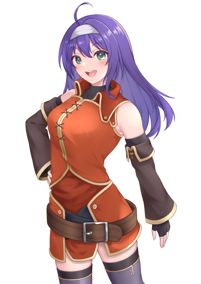 1girl :d ahoge bare_shoulders belt black_gloves blue_hair blush cowboy_shot detached_sleeves fingerless_gloves fire_emblem fire_emblem:_path_of_radiance fire_emblem:_radiant_dawn gloves green_eyes grey_thighhighs hairband hand_on_own_hip highres long_hair looking_at_viewer mia_(fire_emblem) open_mouth simple_background smile solo takaneko thigh-highs white_background white_hairband