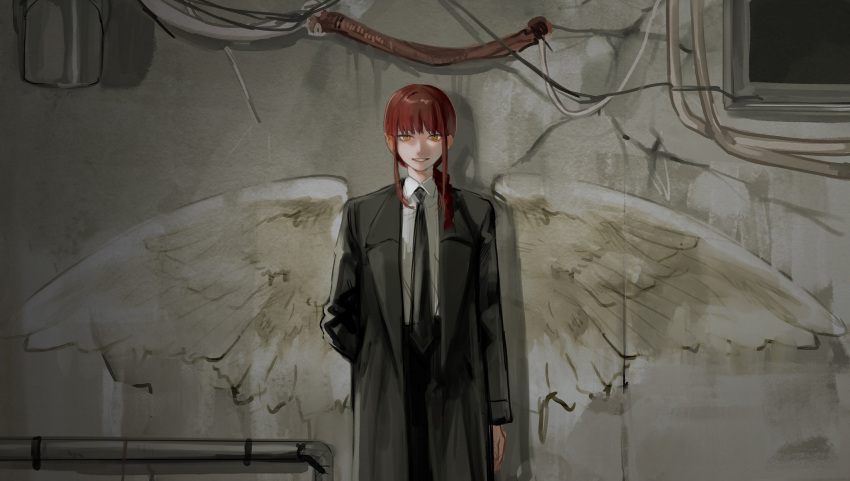 1girl angel_wings black_necktie black_pants braid braided_ponytail chainsaw_man collared_shirt graffiti hand_in_pocket highres kamo_(kamonegioisi) looking_at_viewer makima_(chainsaw_man) medium_hair necktie pants parted_lips redhead ringed_eyes shirt shirt_tucked_in sidelocks smile solo suit white_shirt wings yellow_eyes