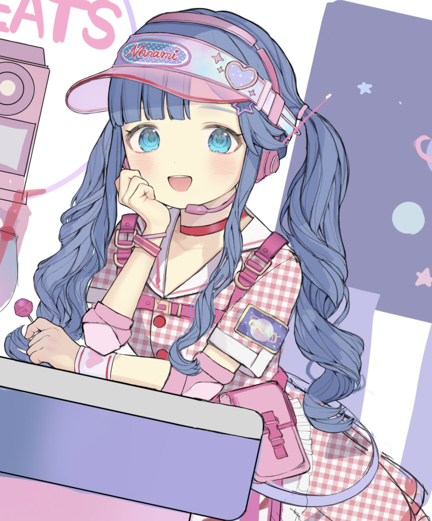 1girl blue_eyes blue_hair bracelet candy choker dress drill_hair food headset highres holding holding_candy holding_food holding_lollipop jewelry lollipop open_mouth original pink_skirt plaid plaid_dress red_choker sidelocks skirt smile solo tarusana_(yokudekita_mago) twin_drills visor_cap