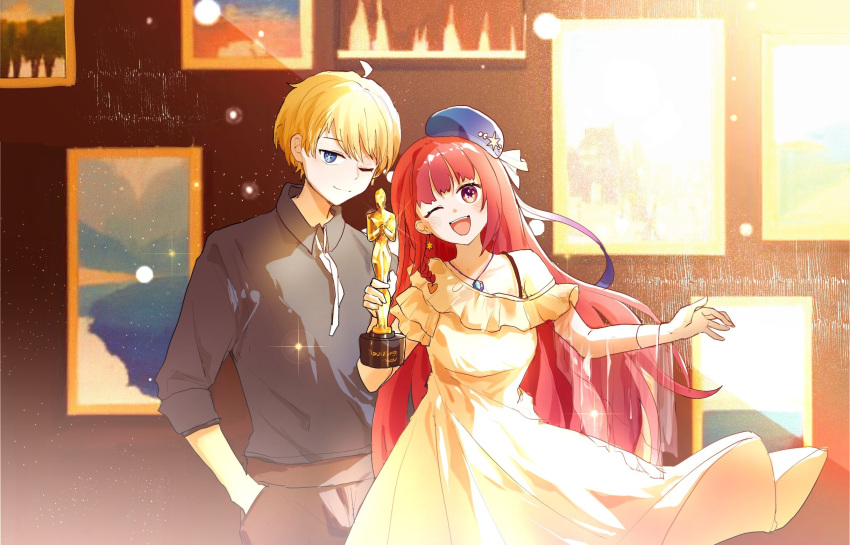 1boy 1girl ;d ahoge akirarec alternate_hair_length alternate_hairstyle arima_kana beret blonde_hair blue_brooch blue_eyes blue_headwear blush collared_shirt commentary_request cow crusoe dress frilled_dress frills grey_shirt hair_between_eyes hand_in_pocket hat highres holding_trophy hoshino_aquamarine jewelry light_particles long_hair looking_at_viewer neck_ribbon necklace one_eye_closed open_mouth oshi_no_ko painting_(object) red_eyes redhead ribbon shade shirt short_hair short_sleeves single_bare_shoulder single_off_shoulder smile sparkle sparkling_eyes star-shaped_pupils star_(symbol) symbol-shaped_pupils teeth upper_teeth_only very_long_hair white_ribbon yellow_dress