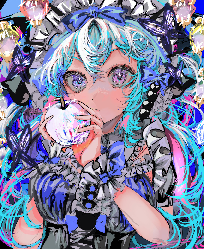 1girl absurdres apple blue_bow blue_hair bow bug butterfly colorful commentary dress food frilled_dress frills fruit hair_between_eyes heart heart-shaped_pupils highres holding holding_food holding_fruit light_blue_hair long_hair looking_at_viewer maid maid_headdress momae_makku original parted_lips puffy_short_sleeves puffy_sleeves short_sleeves solo sparkle symbol-shaped_pupils upper_body violet_eyes white_wrist_cuffs