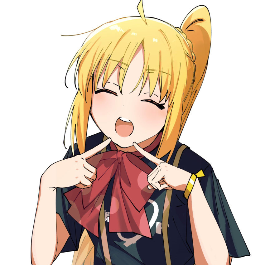 1girl ahoge black_shirt blonde_hair bocchi_the_rock! bow bowtie closed_eyes facing_viewer highres ijichi_nijika long_hair one_side_up open_mouth polka_dot polka_dot_bow red_bow red_bowtie shirt short_sleeves simple_background smile solo teeth upper_body upper_teeth_only white_background yoru_kiri