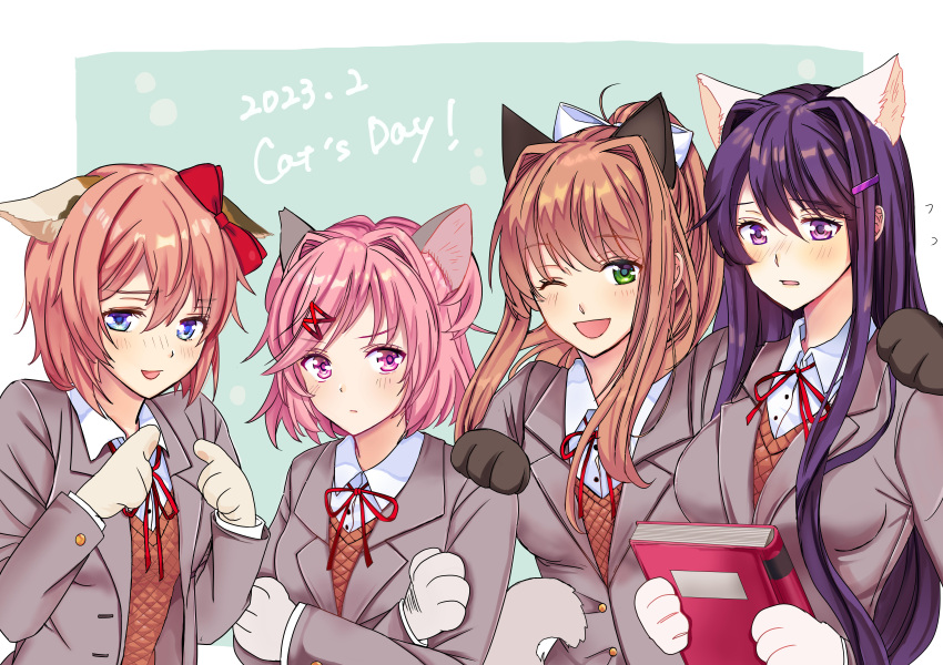 :d absurdres animal_ear_fluff animal_ears animal_hands averting_eyes blazer blue_eyes blush book bow bowtie breasts brown_hair brown_sweater_vest cat_ears cat_tail closed_mouth commentary crossed_arms dated doki_doki_literature_club dress_shirt ears_down english_text expressionless flying_sweatdrops green_background green_eyes grey_jacket hair_bow hair_intakes hair_ornament hair_over_shoulder hair_ribbon hairclip hands_on_another's_shoulders height_difference highres holding holding_book jacket kemonomimi_mode large_breasts long_hair looking_ahead looking_at_viewer monika_(doki_doki_literature_club) nashifuji_kurumi natsuki_(doki_doki_literature_club) neck_ribbon nose_blush one_eye_closed open_clothes open_jacket open_mouth outside_border parted_lips pink_eyes pink_hair ponytail purple_hair red_bow red_bowtie red_ribbon ribbon sayori_(doki_doki_literature_club) school_uniform shirt short_hair sidelocks small_breasts smile sweater_vest swept_bangs tail two_side_up upper_body very_long_hair violet_eyes white_background white_bow white_shirt x_hair_ornament yuri_(doki_doki_literature_club)