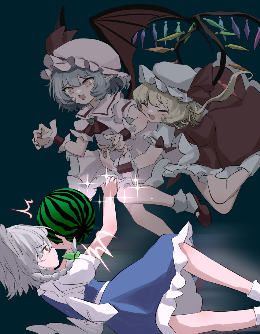 3girls @_@ absurdres ascot back_bow bat_wings blonde_hair blue_background blue_dress blue_hair bow braid brooch closed_eyes commentary crystal crystal_wings dress fang flandre_scarlet food frilled_skirt frills fruit furrowed_brow green_bow grey_hair hat hat_ribbon highres hug hug_from_behind izayoi_sakuya jewelry maid medium_hair mikan_(manmarumikan) mob_cap multiple_girls on_floor open_mouth pointy_ears puffy_short_sleeves puffy_sleeves red_ascot red_eyes red_footwear red_nails red_skirt remilia_scarlet ribbon short_hair short_sleeves siblings side_ponytail simple_background sisters skirt sleeve_bow sliding smile sparkle tears time_stop touhou watermelon white_bow white_dress white_headwear wings wrist_cuffs