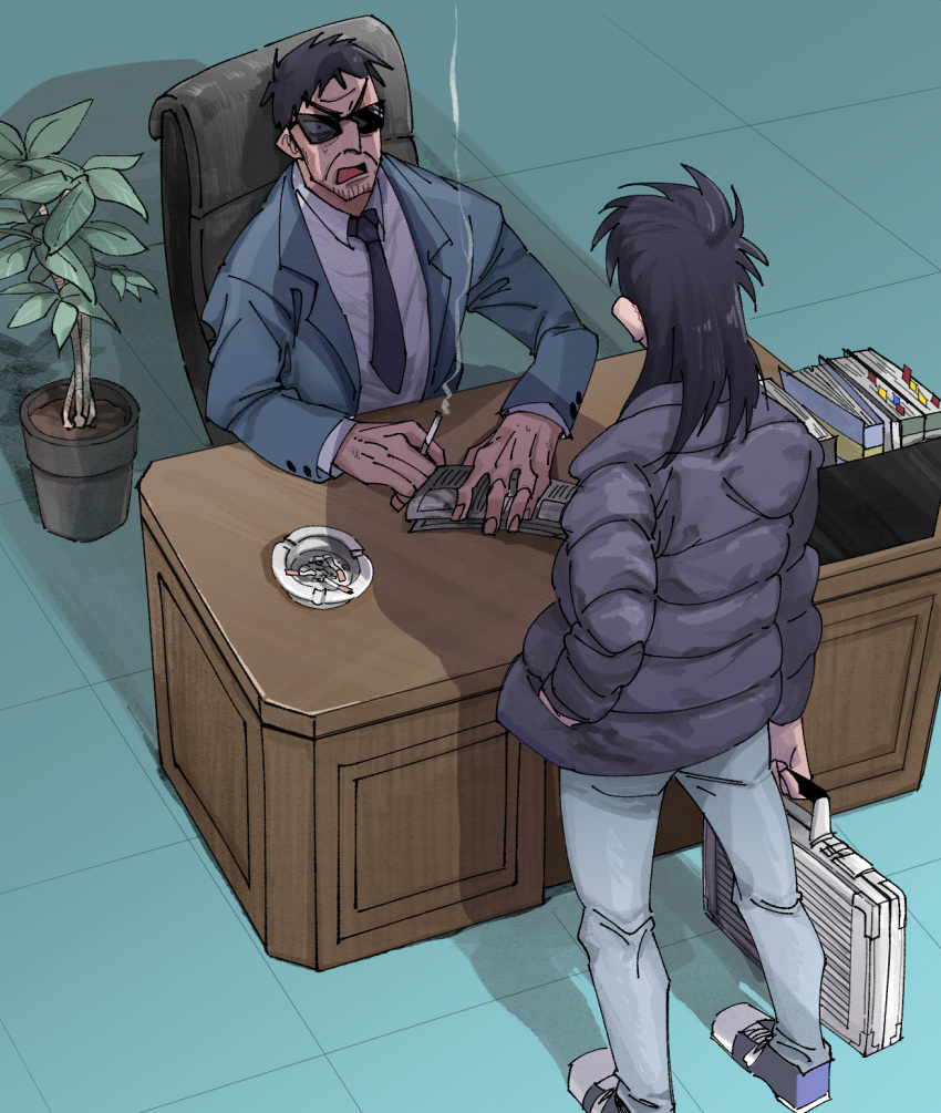 2boys ashtray black_hair black_jacket black_necktie blue_footwear briefcase chair cigarette collared_shirt commentary_request desk endou_yuuji full_body grey_jacket grey_pants hand_in_pocket highres holding holding_briefcase inudori itou_kaiji jacket kaiji long_hair long_sleeves looking_at_another male_focus multiple_boys necktie newspaper office_chair open_mouth pants plant potted_plant shirt shoes short_bangs short_hair sitting sneakers standing suit sunglasses swivel_chair table tile_floor tiles v-shaped_eyebrows white_shirt