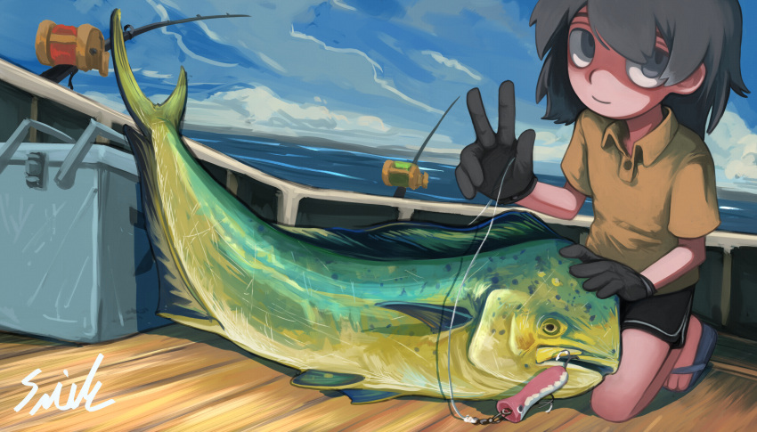 1girl absurdres black_eyes black_gloves black_hair black_shorts blue_sky boat clouds cloudy_sky commentary_request cooler dolphin_shorts fish fishing_hook fishing_rod flip-flops gloves hand_on_animal hand_up highres holding holding_fishing_rod kneeling lalah_7th long_hair looking_at_viewer mahi-mahi original outdoors polo_shirt sandals shirt shorts signature sky solo upturned_eyes w watercraft yellow_shirt