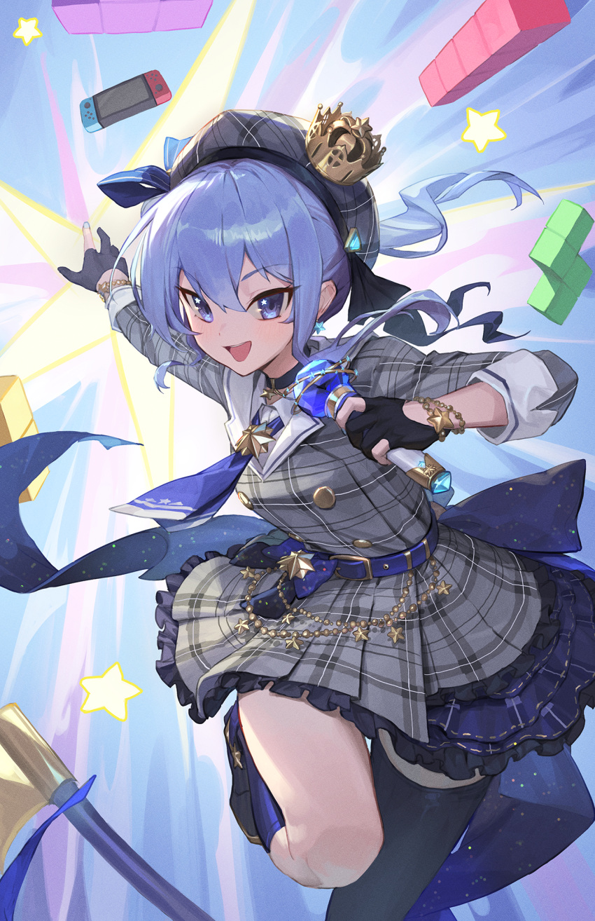 1girl :d axe belt beret black_gloves black_thighhighs blue_eyes blue_hair blue_nails blue_socks bracelet buttons choker crown double-breasted f.k_(hs225kr) gloves hat highres holding holding_microphone hololive hoshimachi_suisei hoshimachi_suisei_(1st_costume) jewelry kneehighs long_hair looking_at_viewer microphone nintendo_switch ponytail single_thighhigh smile socks solo tetris thigh-highs virtual_youtuber