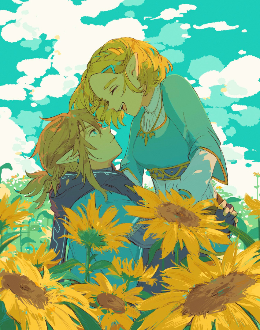 1boy 1girl aqua_sky blonde_hair blue_eyes blue_shirt blue_tunic braid brown_hair closed_eyes closed_mouth clouds cloudy_sky commentary couple crown_braid earrings fingerless_gloves flower from_side gloves hair_ornament hairclip highres jewelry link long_sleeves looking_at_another looking_up low_ponytail official_alternate_hair_length official_alternate_hairstyle open_mouth outdoors parted_bangs pointy_ears princess princess_zelda profile shirt short_hair sidelocks sky smile sunflower symbol-only_commentary ten_1397xx the_legend_of_zelda the_legend_of_zelda:_tears_of_the_kingdom