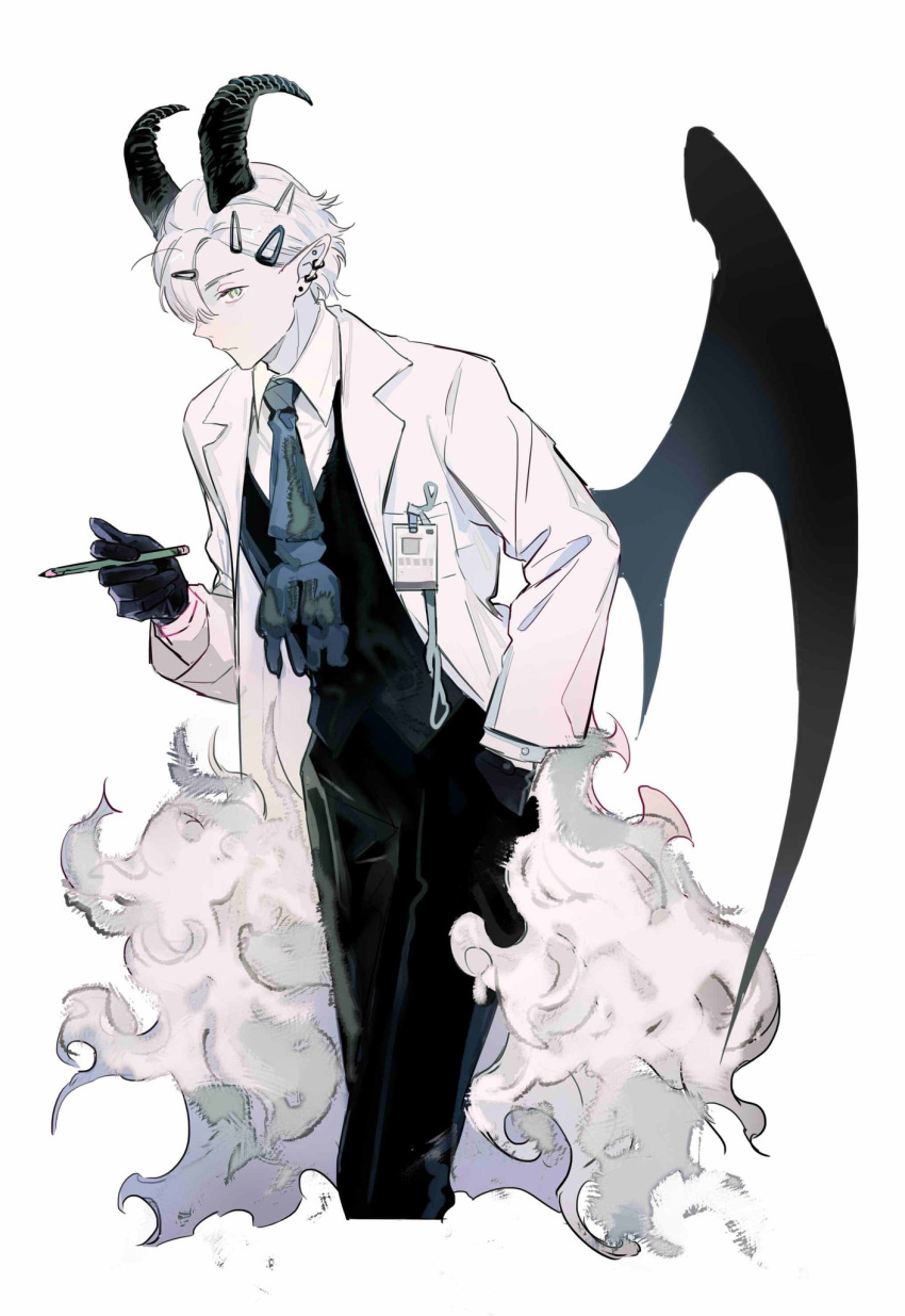 1boy black_gloves black_pants black_vest black_wings blue_necktie breast_pocket closed_mouth collared_shirt cropped_legs demon_boy demon_horns demon_wings ear_piercing earrings gloves green_eyes hair_behind_ear hair_ornament hairclip hand_in_pocket highres holding holding_pencil horns id_card jewelry lab_coat lanyard leaning_forward lingcod_dayu long_sleeves looking_at_viewer male_focus multiple_earrings necktie original pants partially_colored pencil piercing pocket pointy_ears profile shirt short_hair sideways_glance simple_background solo standing stud_earrings tail vest white_background white_hair white_shirt wings