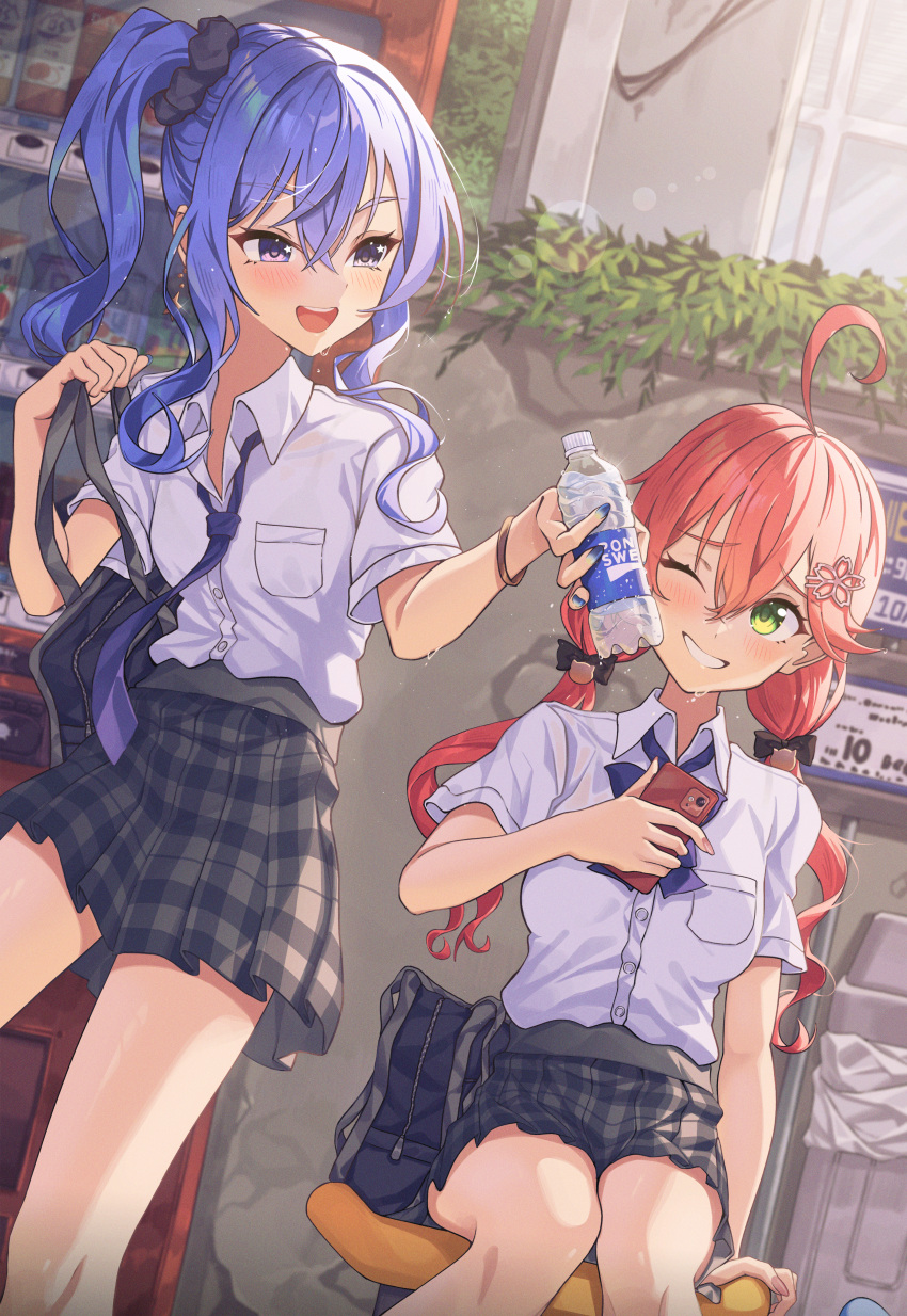 2girls absurdres ahoge alternate_costume arm_at_side arm_rest arm_support bag black_bow black_scrunchie black_skirt blue_bow blue_bowtie blue_eyes blue_hair blue_nails blue_necktie blush bottle bottle_to_cheek bow bowtie bracelet brand_name_imitation breast_pocket buttons cat_hair_ornament collared_shirt commentary cowboy_shot day double-parted_bangs dress_shirt dutch_angle glint green_eyes grin hair_between_eyes hair_bow hair_ornament hair_scrunchie hairclip hand_up hands_up highres holding holding_bag holding_bottle hololive hoshimachi_suisei jewelry lens_flare long_hair looking_at_another low_twintails medium_hair miniskirt multiple_girls nail_polish necktie one_eye_closed open_mouth outdoors pink_hair plaid plaid_skirt pleated_skirt pocari_sweat pocket sakura_miko school_bag school_uniform scrunchie shirt short_sleeves side_ponytail sideways_glance sitting skirt smile standing star_(symbol) star_in_eye sweat symbol_in_eye teeth twintails upper_teeth_only vending_machine virtual_youtuber white_shirt yozora_(1wkdgusdn)